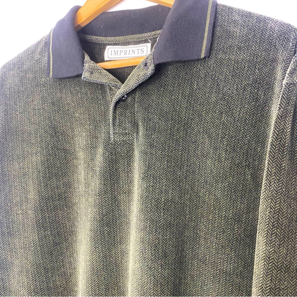 Vintage Imprints Men’s Dark Green & Black Velour Long Sleeve Polo Shirt Medium - Picture 4 of 8